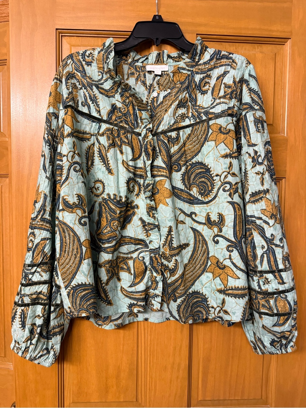 Light Blue Paisley Button-Down Blouse with Mustard Accents